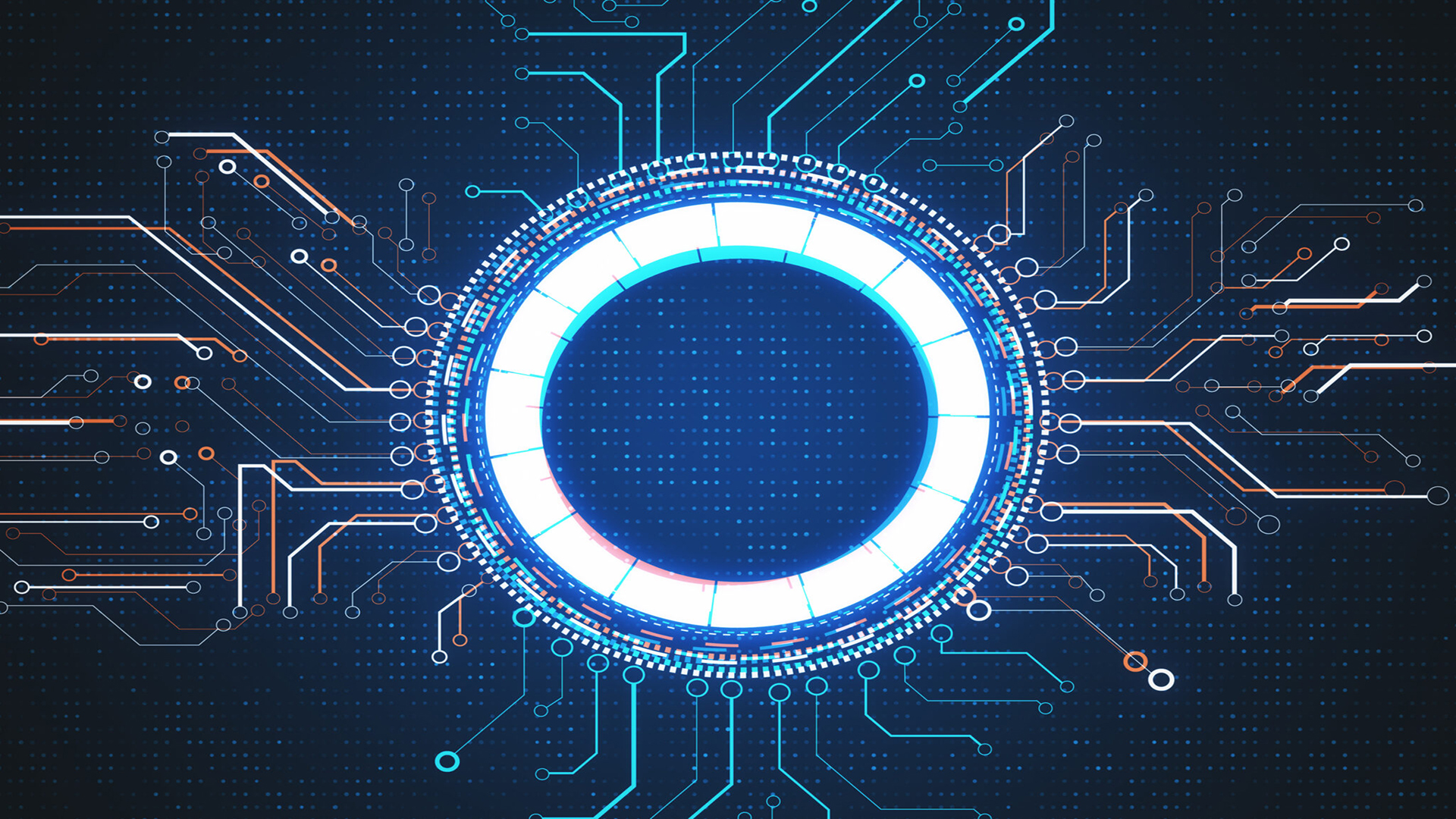 Digitales abstraktes Hintergrunddesign mit einem leuchtenden, kreisförmigen Element in der Mitte und elektronischen Schaltkreislinien.