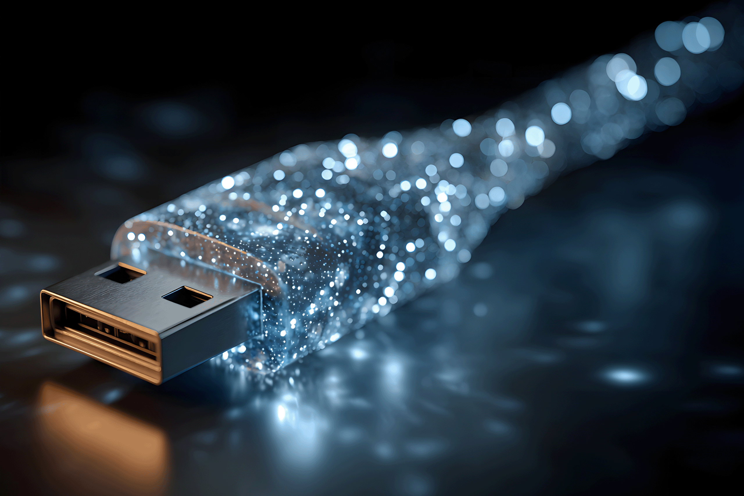USB-Stecker mit leuchtenden Datenpartikeln als Symbol für KI und datengetriebene MCP-Technologien